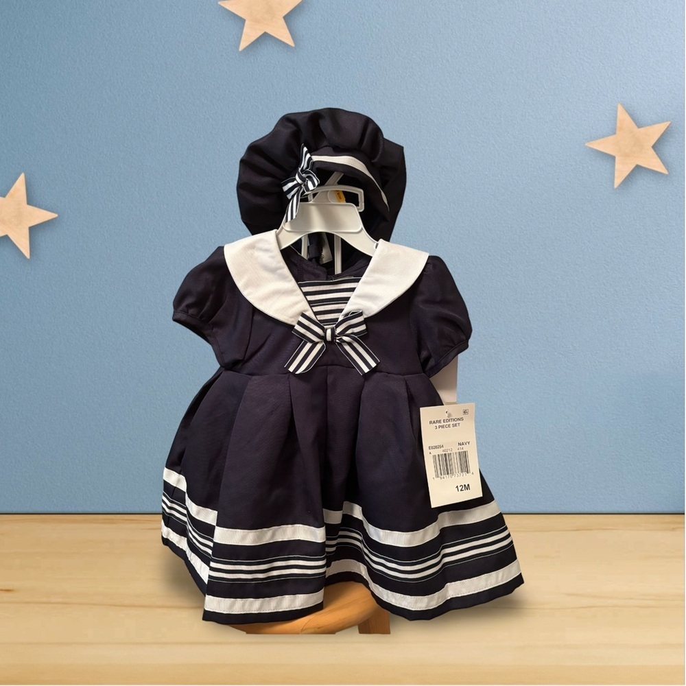 Rare Editions baby girl sailor dress, size 12 months, with hat and diaper cover